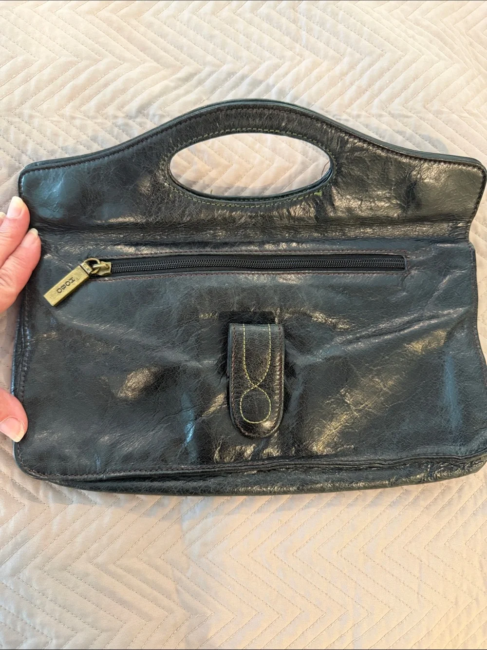 HOBO Black Leather Studded Clutch with Brass Accents